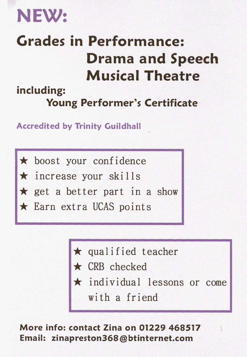 Musical Theatre and Drama lessons, speech training instrumental coaching, vocal coaching and performance training Dalton, Barrow-in-Furness, Ulverston